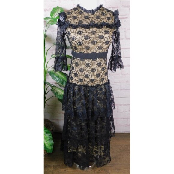 Girls Black Gothic Lace Tiered Maxi Dress, Vintage-Inspired, Size 12